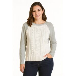 Skyr Athletic Lifestyle Sweater Women’s M Gray White Cable Knit Pullover Casual